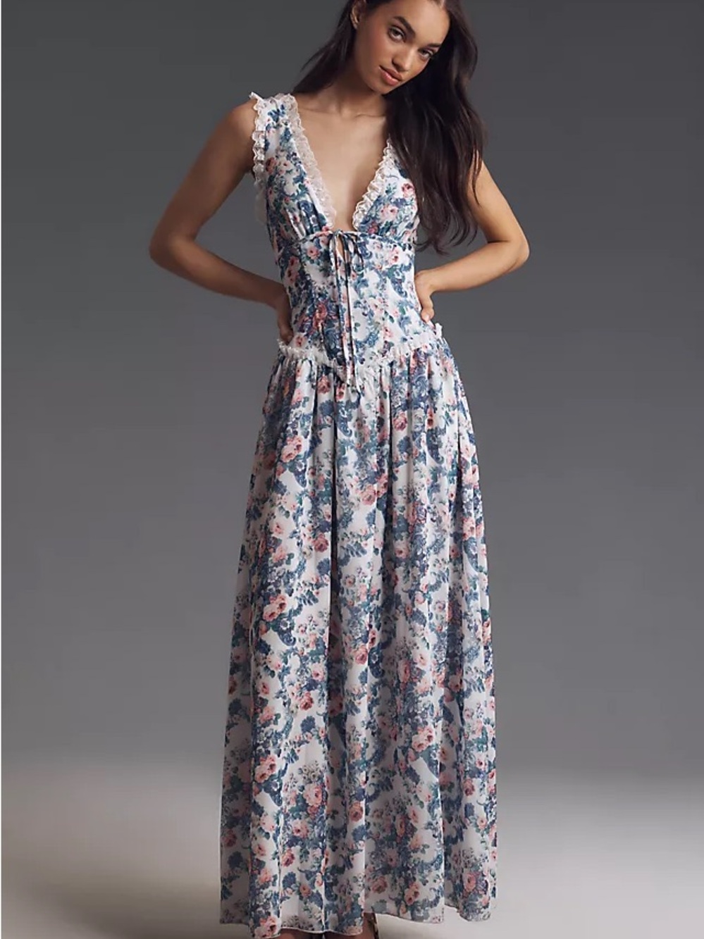 For Love & Lemons Audrey Floral Lace-Trim Maxi Dress